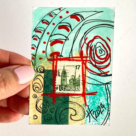 ACEO Original Collage 1970s Canada Postage Stamp Art Tristina Dietz Elmes ATC - Picture 1 of 2